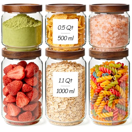 Glass Pantry Storage Containers with Acacia Wood Lids - 1.1Qt & 0.5Qt Set, Stackable, Airtight Food Storage