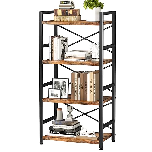 Homeiju 4-Tier Rustic Metal Bookshelf - Small Storage Organizer for Living Room & Bedroom