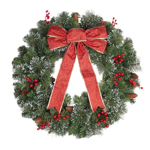 Red 24 Inch Outdoor Christmas Wreath Front Door Decor - Large Winter Holiday Garland