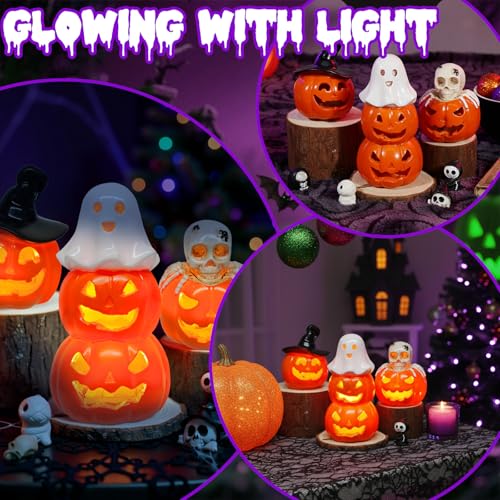 Rileryan 3 PCS Halloween Jack O Pumpkin Figurines Skull Ghost Figurine for Halloween Spooky Haunted Decor Gifts Home Kitchen Indoor Tabletop Tiered Tray Fireplace Decoration