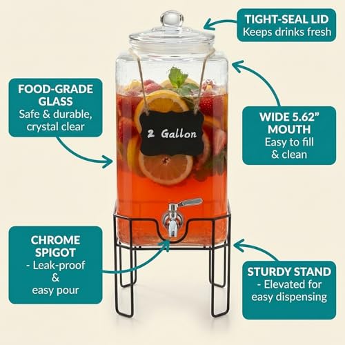 2 Gallon Glass Drink Dispenser with Stand and Leakproof Spigot - Lemonade Iced Tea Punch