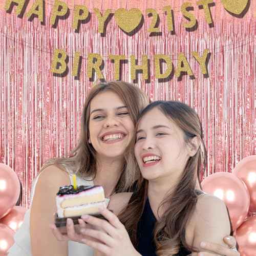 BRAVESHINE Rose-Gold Metallic Tinsel Backdrop - 2Pcs 3.2x8.2ft Metallic Tinsel Foil Fringe Curtains Photo Booth Streamers for 21-st Birthdays Bachelorette Engagement Bridal Shower Party Decorations