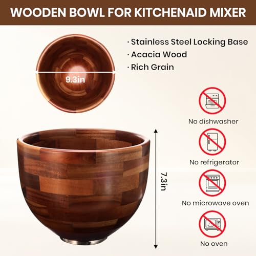 Wood Mixing Bowl for KitchenAid 5QT - Acacia Wooden Batter & Dough Bowl with Stainless Steel Locking Base
