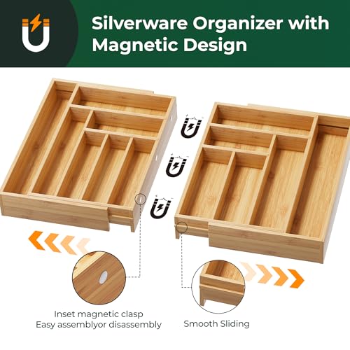 Large Silverware Organizer with 13 Slots - Natural Bamboo Expandable Drawer Divider, Adjustable from 21 to 37.4 Inches – Natural Finish