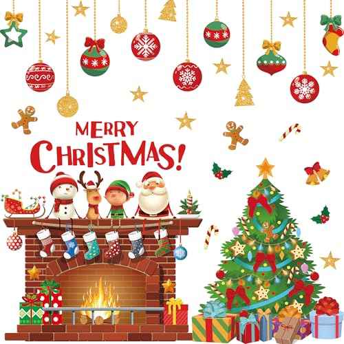 Christmas Wall Decals Christmas Tree Wall Stickers Xmas Ball Fireplace Decals Stickers Removable Merry Christmas Wall Decorations for Xmas Party Bedroom Living Room Office Home Decor, 4 Sheets