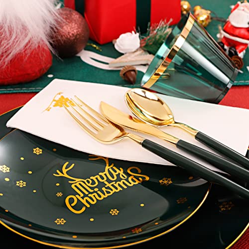 Nervure Green & Gold Christmas Plates Set with Silverware (175-Piece) 25 Guests