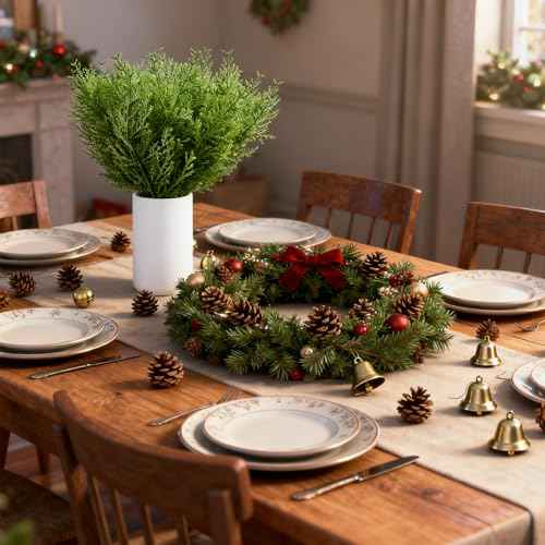 SITUMEIZI 50 Pcs Artificial Pine Sprigs Faux Christmas Greenery Stems 14 Inches Picks Christmas Pine Branches Cypress Plastic Decor for Wreath Craft DIY Holiday Decorations(50,Green)