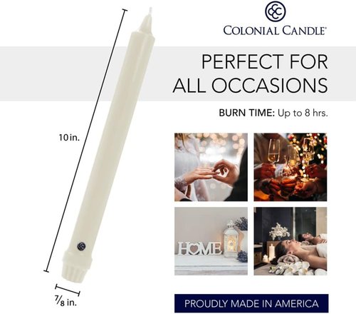 Colonial Candle Unscented Taper Candles - Classic Ivory 10-Inch, Pack of 6 | Up to 8 Hours Burn Time