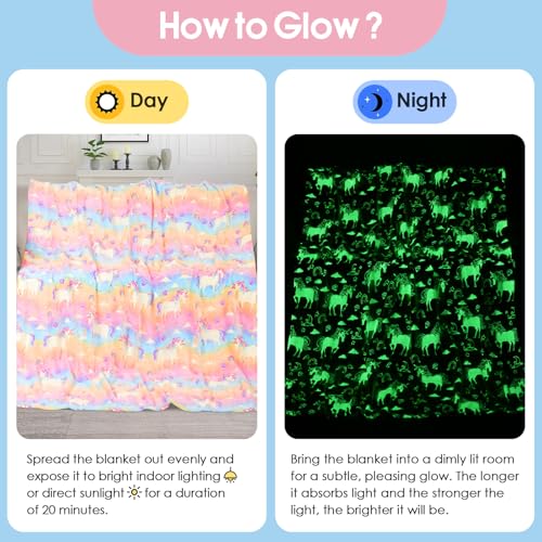 Glow in The Dark Blanket Unicorns Gifts for Kids, Soft Unicorns Blanket Gift Toys for Toddler Girls Age 2-16 Birthday Christmas 50""x60"", A0003