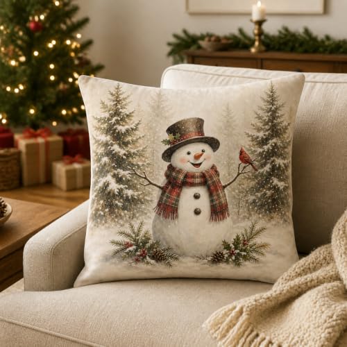 Brown Snowman Holiday Pillow Cover 18x18 for Xmas Winter Decor