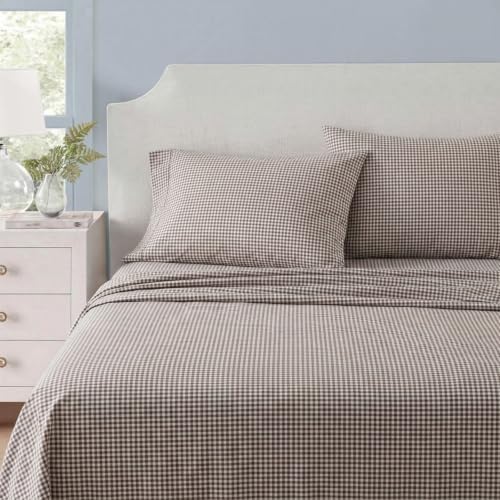 Martha Stewart King Gingham Brown Cotton Percale Bed Sheet Set with Deep Pocket Fitted Sheet