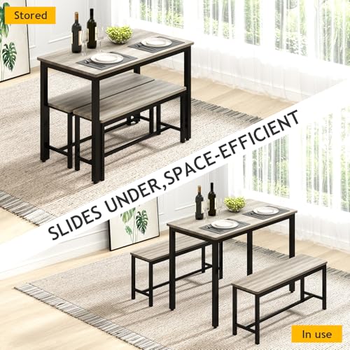Light Grey 43-Inch Dining Table Set with 2 Benches for 4, Modern Space-Saving Kitchen Furniture