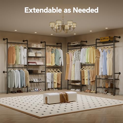 Higeego W3 Wall Mounted Clothes Rack - Black Industrial Pipe Closet System, Adjustable & Heavy Duty