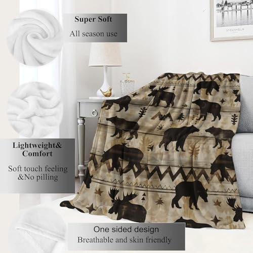 VODRM 60x80in Bear and Moose Rustic Woodland Fleece Throw Blanket - Cozy Sofa & Bed Decor