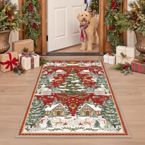 Olacotta Red 3x5 Christmas Indoor Rug with Vintage Village Design, Washable Entryway Mat
