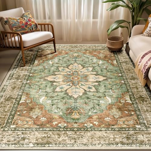 Washable Area Rug 5'x7' Brick/Brown/Green - Pet-Friendly Vintage Sunflower Design