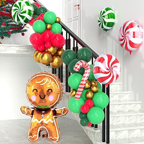 HOUSE OF PARTY Gingerbread Balloon Arch - 80 Pcs | Red, Green & Gold Candy Cane, Mylar Balloons for Christmas Decorations