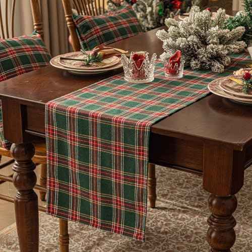 Softalker Christmas Checkered Tartan Table Runner - Green Buffalo Plaid Xmas Stain Resistant Washable Table Decoration for Dining/Parties/Holiday Decor, 13 x 70 Inch