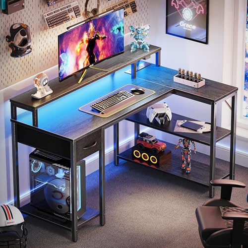 SUPERJARE 47-Inch Reversible L-Shaped Gaming & Office Desk with LED Lights, Power Outlets, Grey - Model 47G