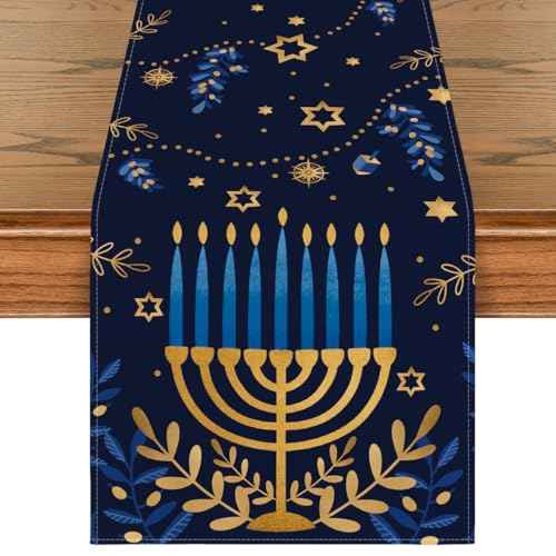 Artoid Mode Watercolor Star Olives Hanukkah Table Runner, Seasonal Chanukah Menorah Kitchen Dining Table Decoration for Outdoor Home Party 13x72 Inch