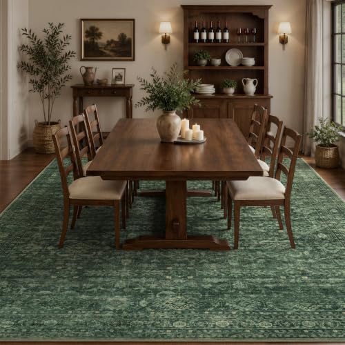 Carpelux Green 9x12 Area Rug - Washable Non-Slip Vintage Floral Pattern