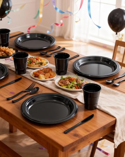 Black Plastic Plates Set 350 Pcs for 50 Guests - 9.0 Inch Dinnerware