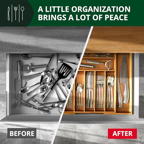 Royal Craft Wood Natural Bamboo 9 Slot Flatware Organizer for Kitchen Drawer - Expandable Silverware Tray