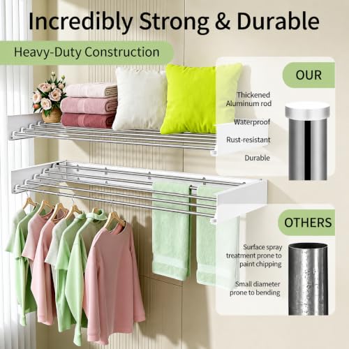 80CM Wall Mounted Clothes Drying Rack Foldable 60 lb Laundry Room Storage