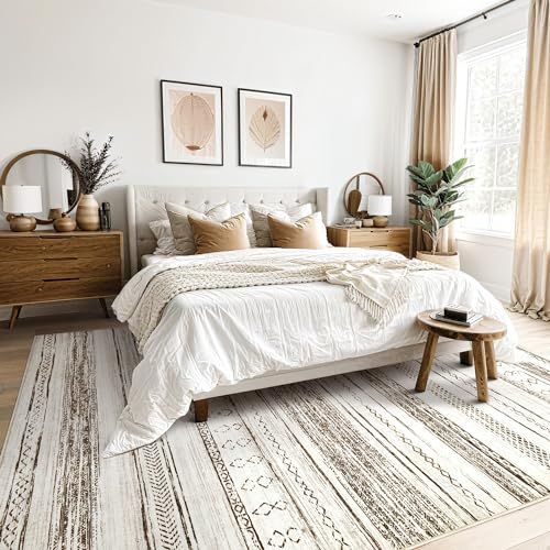 6x9 Washable Area Rug - Soft Neutral Boho Moroccan Floor Carpet for Living Room & Bedroom - Cream & Brown