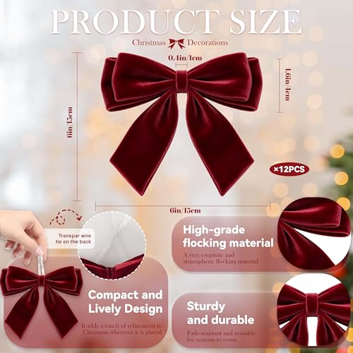 Burgy 12Pcs Burgundy Velvet Christmas Bows 6x6in with Twist Ties - Holiday Decorations
