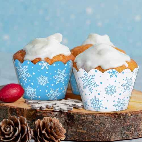 Whaline 36Pcs Winter Cupcake Wrappers White Blue Snowflake Cupcake Liners Decorative Cupcake Holders for Christmas Winter Party Cake Decoration