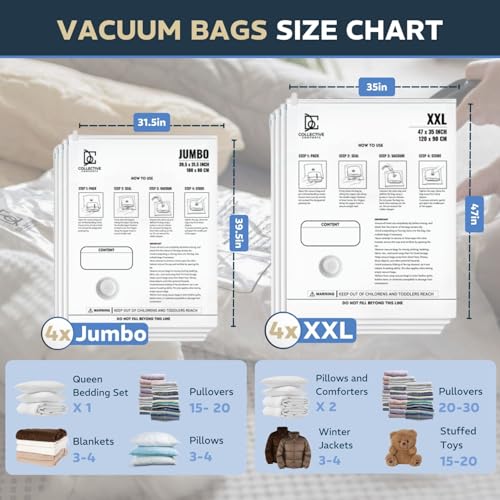 8 Pack Space Saver Vacuum Storage Bags with 4 XXL & 4 Jumbo Sizes - Reusable Closet Organizer
