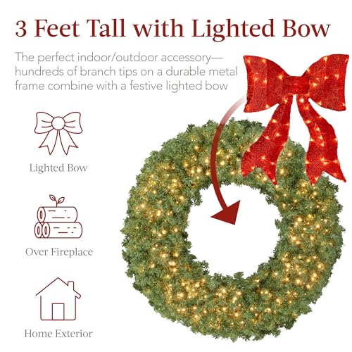 36in Artificial Fir Christmas Wreath with Red Lighted Bow & 150 LED Lights - Green Spruce