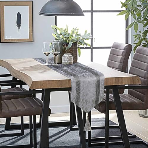 Jiino 13x84 Gray Elegant Velvet Table Runner with Silver Sequin Rhinestones