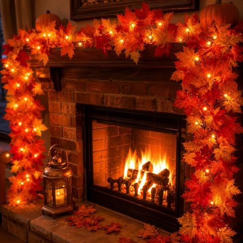 9FT Fall Garland with Lights - Connectable Outdoor Indoor Halloween Thanksgiving Decor - 2 Packs