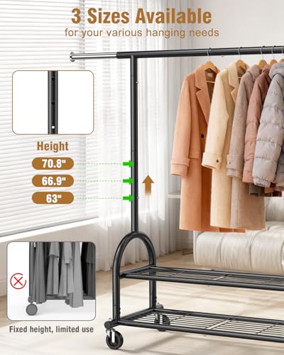 Heavy Duty Clothes Rack with 2 Shelves - Black, Adjustable & Mobile