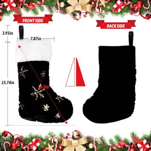 CCINEE 4PCS Black Christmas Stockings,18 Inch Large Plush Faux Fur Xmas Stocking with Golden Snowflake Sequin Glitter Snowflake Hanging Stocking for Christmas Tree Wall Fireplace Home Decoration