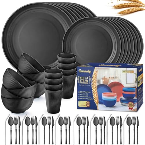 Hommaly 64-Piece Wheat Straw Dinnerware Set for 8, Unbreakable & Reusable