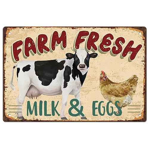 SUPERDANT Farm Fresh Tin Sign Cow Chicken Vintage Metal Tin Signs Funny Metal Wall Art Painting Iron Decor for Dining Room Farmhouse Kitchen Pantry Outdoor Wooden Fence Wall Decoration