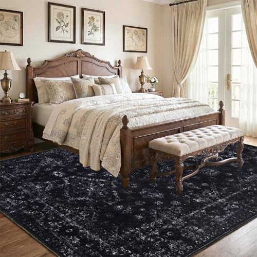 8x10 Black & Dark Blue Area Rug - Large Machine Washable Living Room Rug, Non-Slip, Geometric Pattern