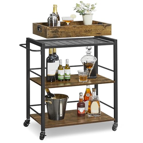 VASAGLE Rustic Brown and Black Bar Cart with Wheels, Wine Rack & Glass Holder - 15.7"D x 28.3"W x 33.9"H