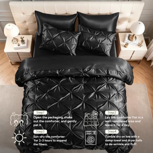 MR&HM Satin Queen Comforter Set Black 7-Piece Bed in a Bag - Pinch Pleat Luxury