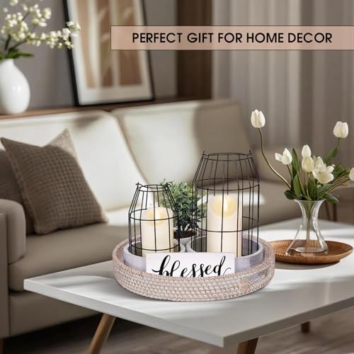 Rustic Farmhouse Decor Set of 7 with Lanterns Candles and Rattan Tray