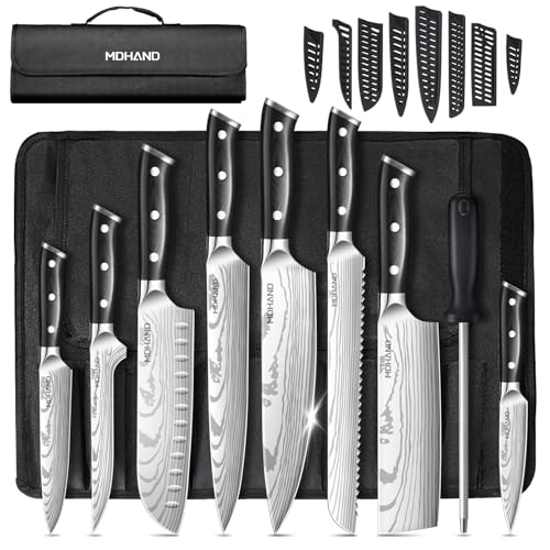 MDHAND Black Chef Knife Set with Roll Bag - Ultra Sharp Professional Kitchen Knives
