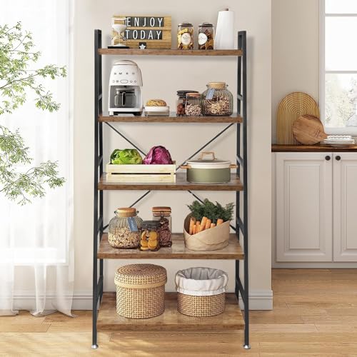 5 Tier Ladder Bookshelf - Rustic Brown Wood & Metal Industrial Storage