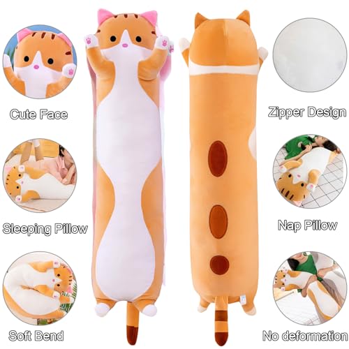 Giant Cat Pillow Plush Cartoon Kitty Sleeping Hugging Pillow, Cuddly Soft Long Kitten Body Pillow Doll Cat Cushion Toy for Kids Girlfriend (Yellow, 70cm/27.55inch)