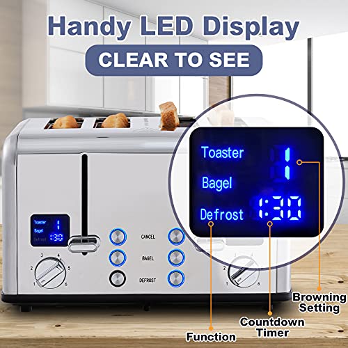 Silver Stainless Steel 4-Slice Toaster with Digital Display, Dual Control
