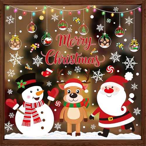 4 Sheets Christmas Window Clings Santa Reindeer Snowman Snowflake Window Decals Large Merry Christmas Windows Stickers Double Sided Xmas Windows Decorations for Xmas Home Office School Party Decor