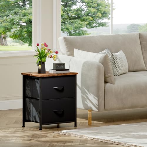 Small Nightstand with 2 Drawers - Rustic Black Bedside Table 16.5x11.8x19.7 Inches