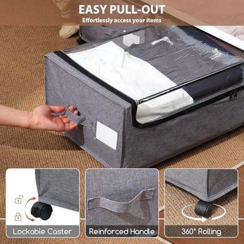 Grey 4-Pack Under Bed Storage Drawers with Lockable Wheels - Heavy Duty, Clear Lid